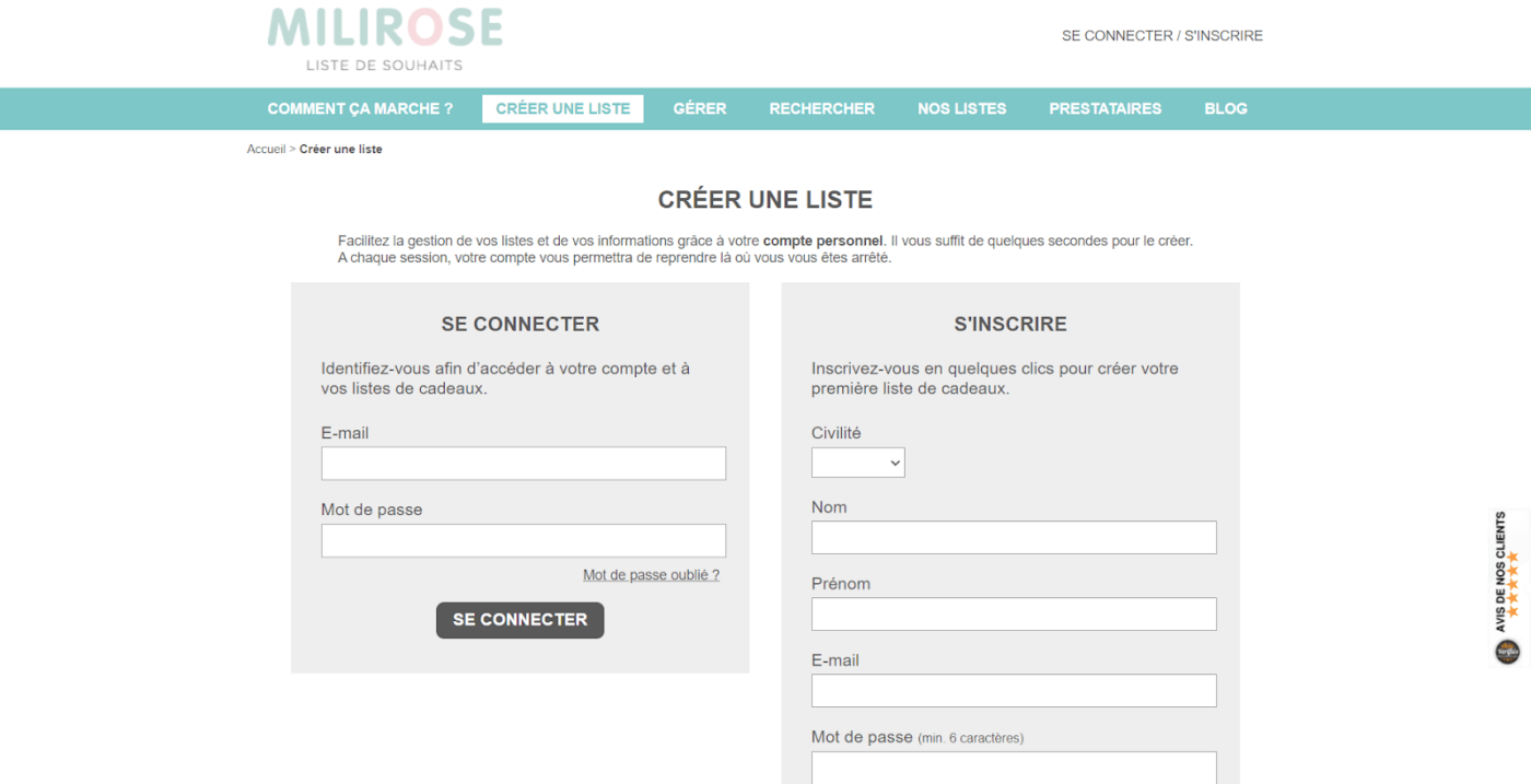 Creation compte milirose