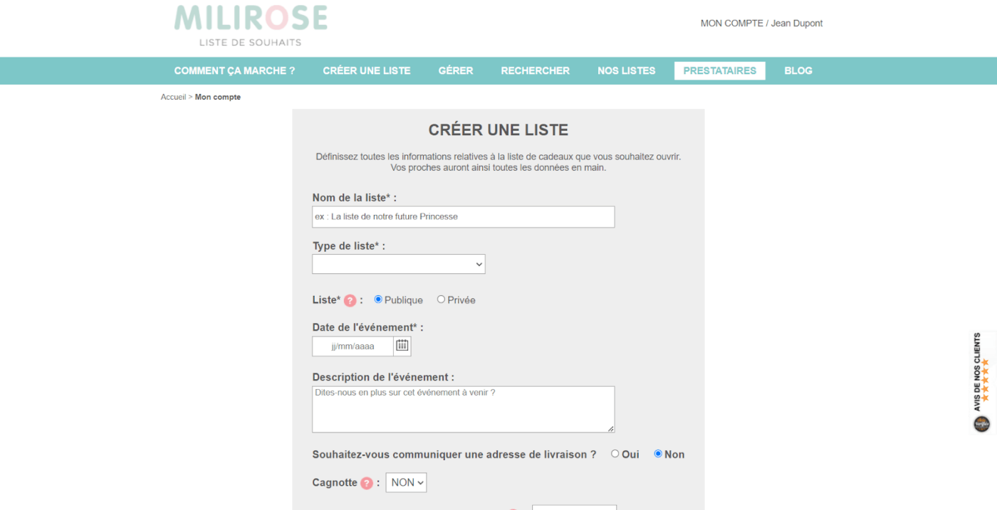 créer une liste milirose